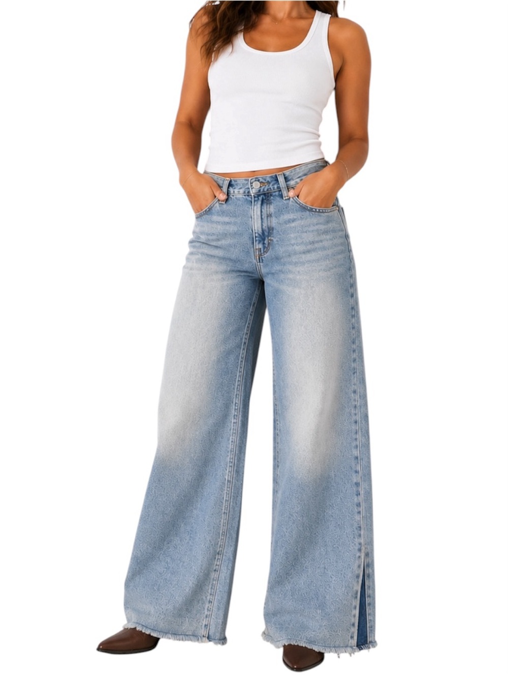 🆕 By Together Two-Tone Light Blue Wide-Leg Jeans with Side Panels Size Medium